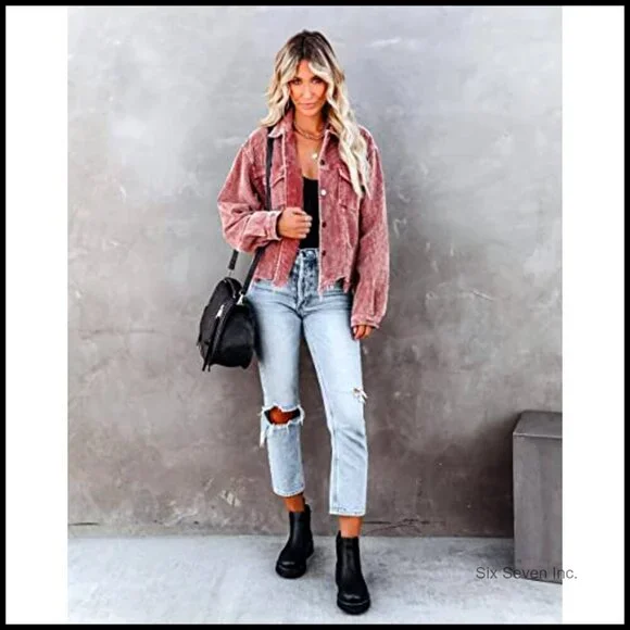 Cropped Corduroy Shacket Oversized Boyfriend Style Fringe Hem Casual Jacket - Picture 6 of 7